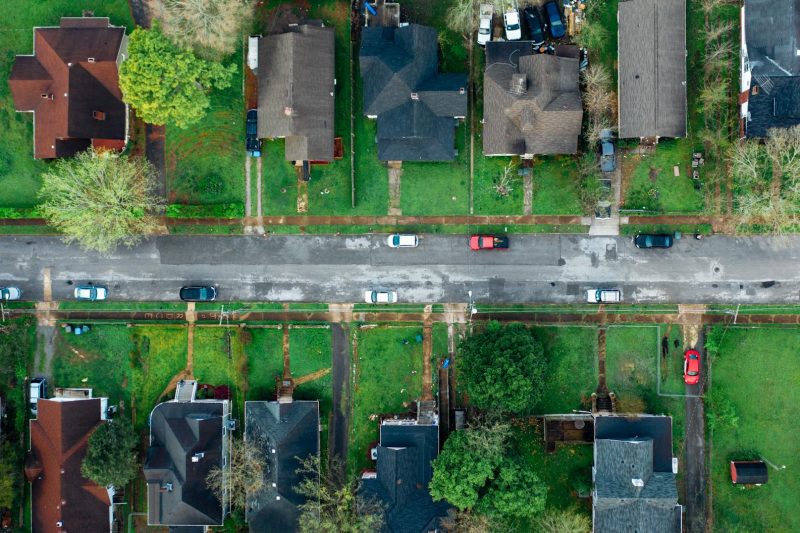 VA Home - 1 2 Highangle aerial shot of a suburban neighborhood street line 1781024416